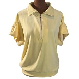 Umgee USA Velour Ribbed Polo Top Women's XS Yellow Half Zip Short Sleeve NWT